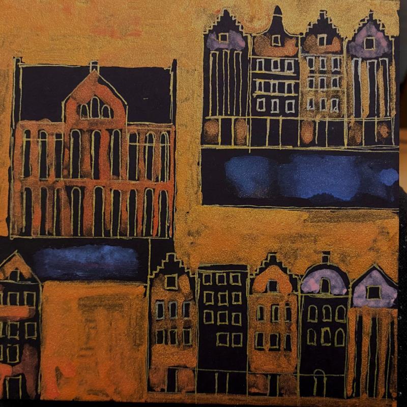 Peinture Golden streets of Amsterdam par Ragas Huub | Tableau Art Singulier Acrylique, Carton, Gouache Architecture