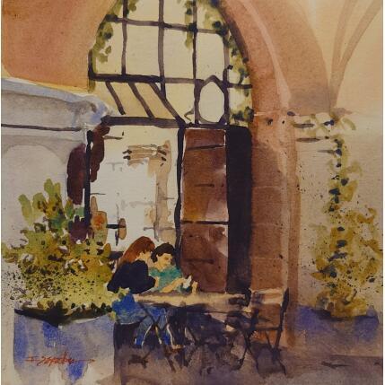 Painting Au coffee shop by Seruch Capouillez Isabelle | Painting Figurative Watercolor Urban