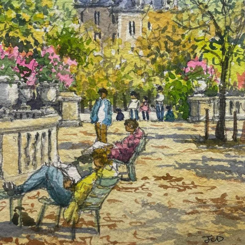 Painting Les jardins de Paris by Decoudun Jean charles | Painting Figurative Urban Watercolor