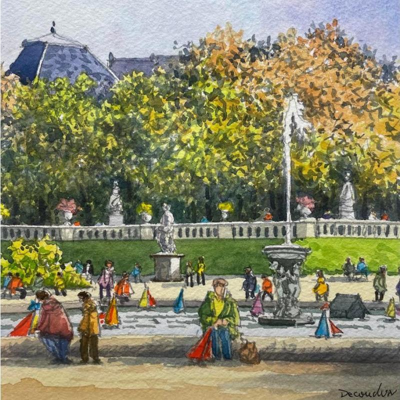 Gemälde Les jardins de Paris von Decoudun Jean charles | Gemälde Figurativ Aquarell Pop-Ikonen, Urban