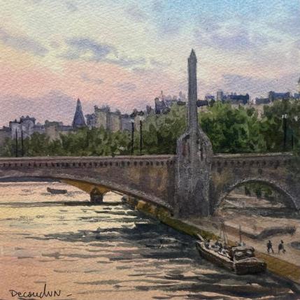 Peinture Paris, Le Pont de la Tournelle par Decoudun Jean charles | Tableau Figuratif Aquarelle Urbain