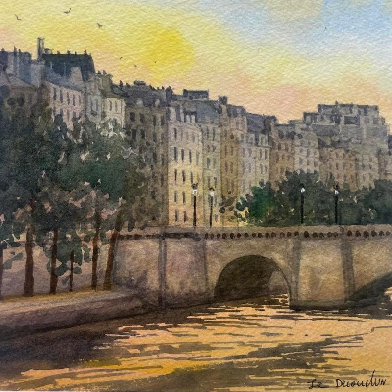 Painting Paris, lever de soleil sur l'île Saint-Louis by Decoudun Jean charles | Painting Figurative Watercolor Pop icons, Urban