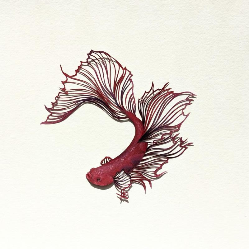 Painting Combattant 12 by Atalanta Vanessa | Painting Marine Nature Animals Cardboard Paper