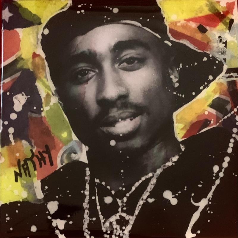 Painting TUPAC SHAKUR by Nathy | Painting Pop-art Pop icons Graffiti Acrylic Gluing Posca Resin Paper