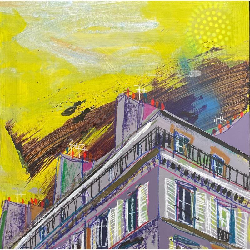 Peinture D'un coup le ciel trouve son jaune par Anicet Olivier | Tableau Figuratif Acrylique, Pastel Architecture, Urbain