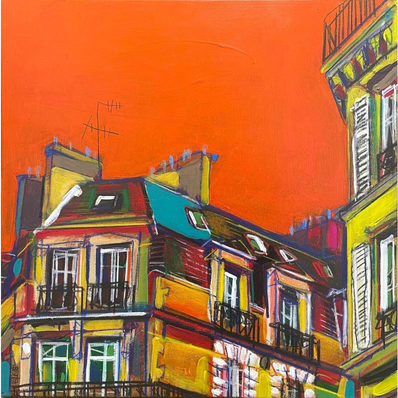 Painting Puis vient l'orange by Anicet Olivier | Painting Figurative Urban Architecture Acrylic Pastel
