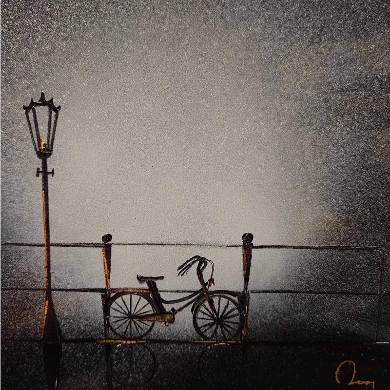 Peinture be alone par Rey Julien | Tableau Figuratif Paysages Noir & blanc Feuille d'or Laque