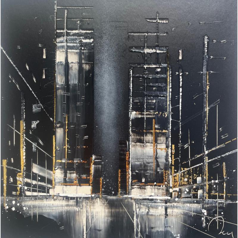 Peinture Night view par Rey Julien | Tableau Figuratif Feuille d'or, Laque Noir & blanc, Urbain