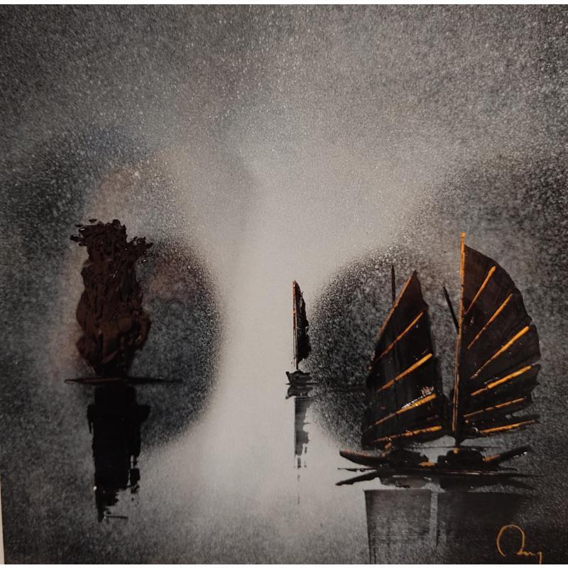 Painting Voyager by Rey Julien | Painting Figurative Gold leaf, Lacquer Black & White, Landscapes, Nature