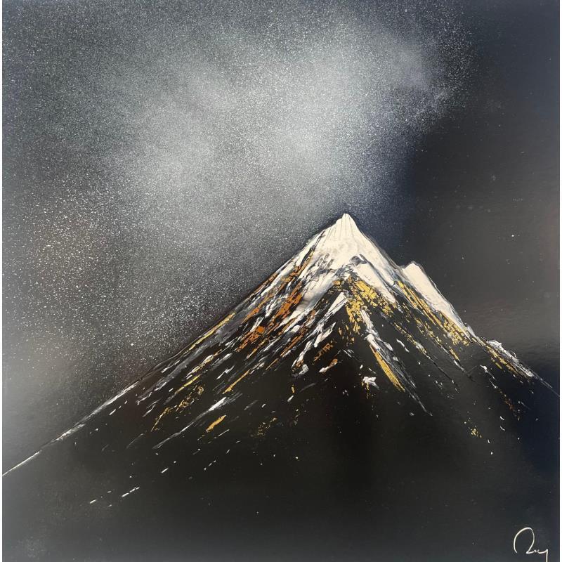 Peinture night star par Rey Julien | Tableau Figuratif Paysages Nature Noir & blanc Feuille d'or Laque