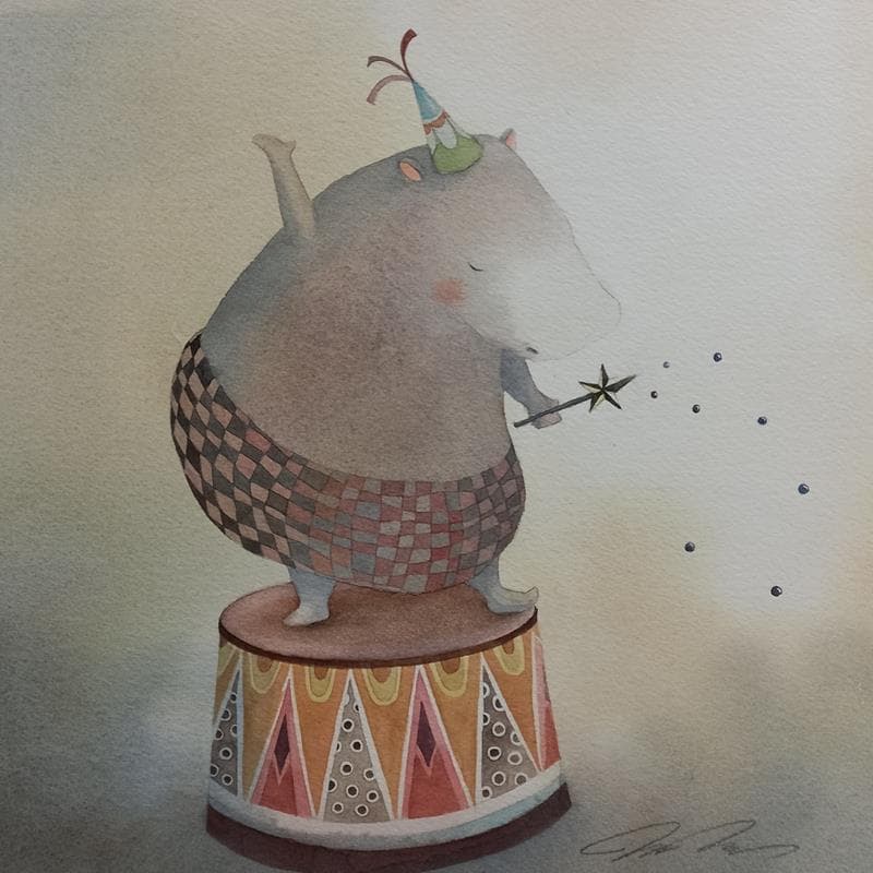 Peinture Circus hippo par Masukawa Masako | Tableau Art naïf Scènes de vie Aquarelle