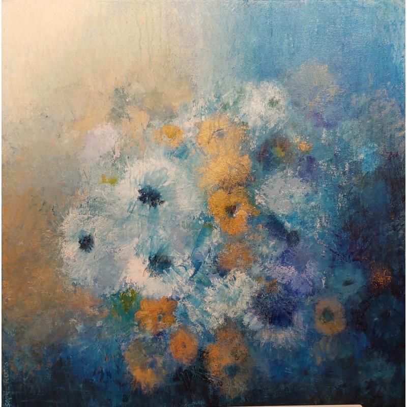 Peinture Du bleu floral par Rocco Sophie | Tableau Art Singulier Acrylique Collage Sable