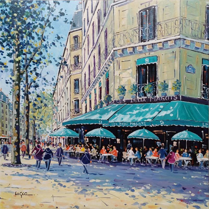 Painting TERRASSE BOULEVARD SAINT GERMAIN A PARIS by Euger | Painting Figurative Oil Architecture, Life style, Urban