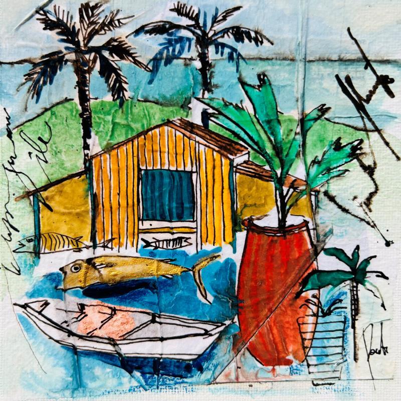Gemälde La case du bord de mer von Colombo Cécile | Gemälde Figurativ Landschaften Marine Alltagsszenen Aquarell Acryl Collage Tinte Pastell