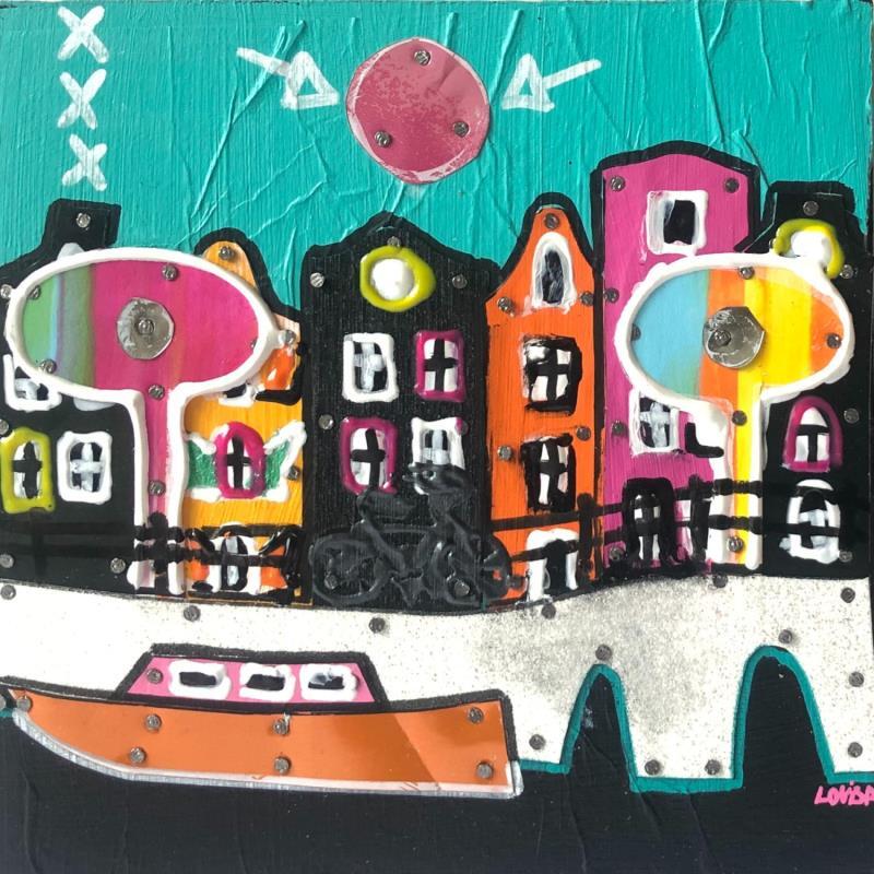 Gemälde Pink Sun von Lovisa | Gemälde Pop-Art Urban Metall Acryl Collage Posca Upcycling Papier