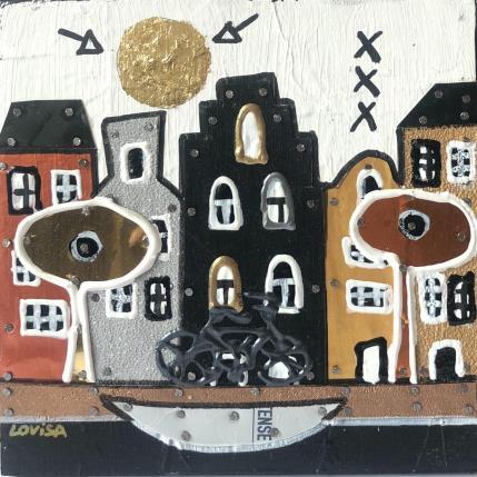 Painting Cloudy Weather 4 by Lovisa | Painting Figurative Acrylic, Gluing, Gold leaf, Metal, Paper, Posca, Upcycling, Wood Urban