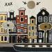 Peinture Stunning Canal Houses 3 par Lovisa | Tableau Figuratif Urbain Bois Métal Acrylique Collage Posca Feuille d'argent Upcycling Papier
