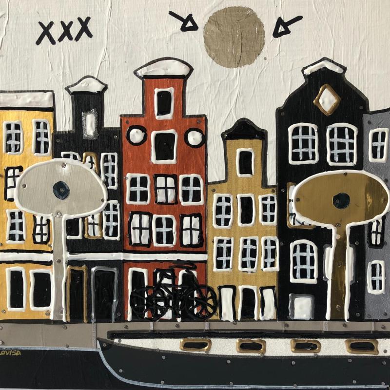Painting Stunning Canal Houses 3 by Lovisa | Painting Figurative Urban Wood Metal Acrylic Gluing Posca Silver leaf Upcycling Paper