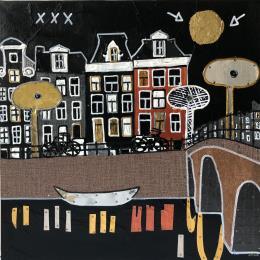 Gemälde Black Night 2 von Lovisa | Gemälde Figurativ Acryl, Blattgold, Collage, Metall, Papier, Posca, Upcycling Urban