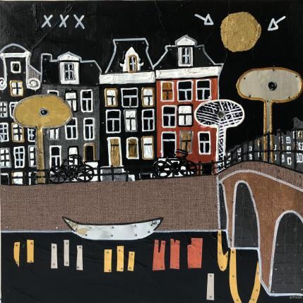 Painting Black Night 2 by Lovisa | Painting Figurative Acrylic, Gluing, Gold leaf, Metal, Paper, Posca, Upcycling Urban