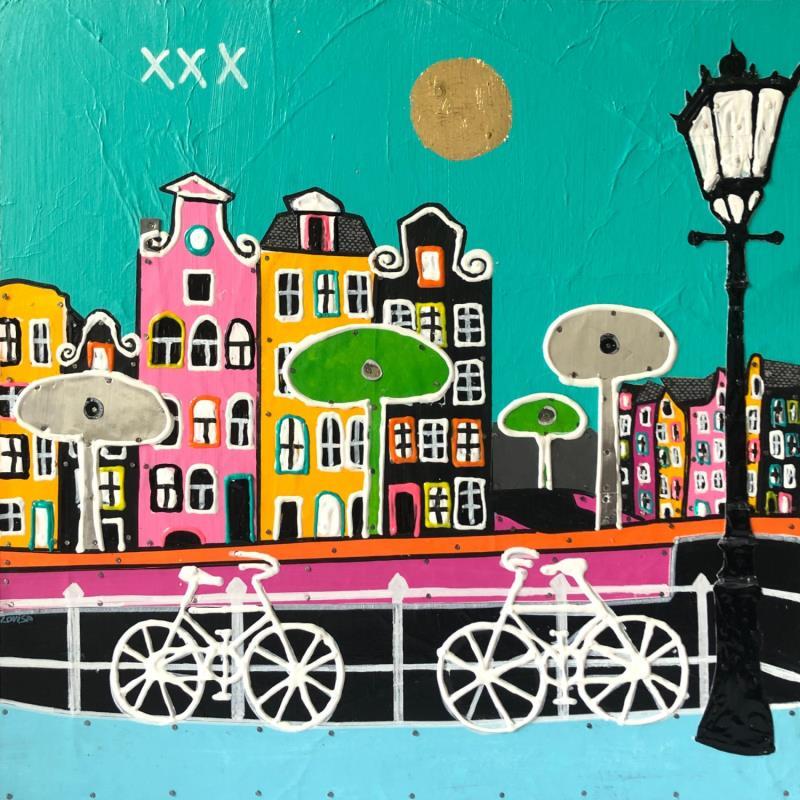 Peinture Amsterdam Bikes par Lovisa | Tableau Pop-art Urbain Acrylique Collage Posca Feuille d'or Upcycling Papier