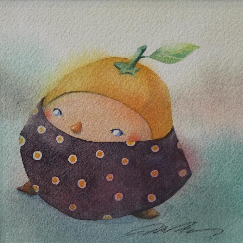 Gemälde Orange child von Masukawa Masako | Gemälde Naive Kunst Alltagsszenen Aquarell