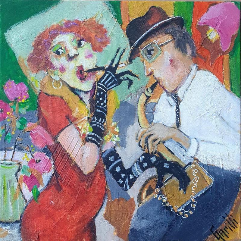 Gemälde La groupie du saxophoniste von Garilli Nicole | Gemälde Figurativ Alltagsszenen Acryl