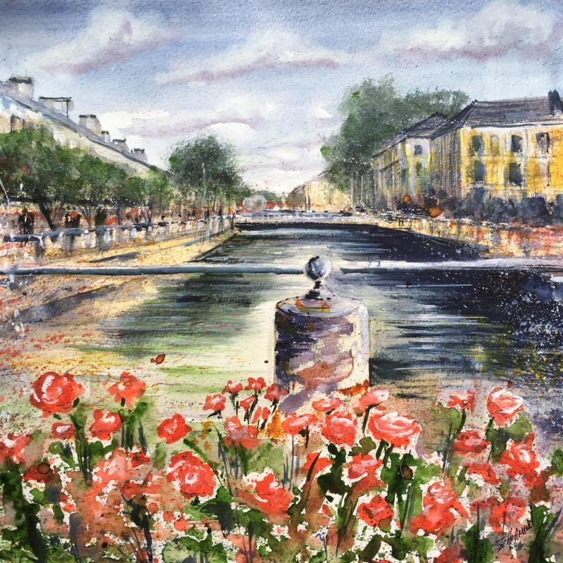 Painting Troyes 189 Canal fleuri  by Hoffmann Elisabeth | Painting Figurative Watercolor Urban