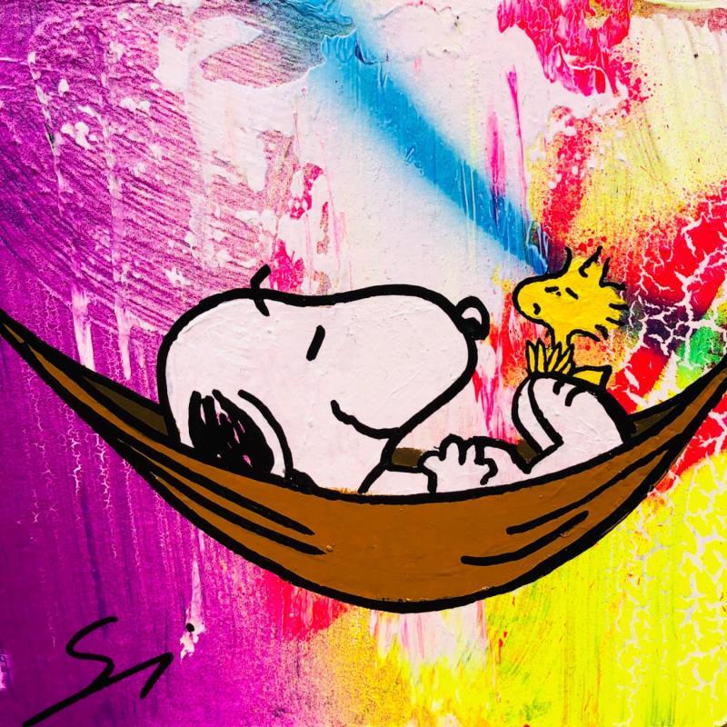 Painting SNOOPY RESTING IN THE HAMMOCK by Mestres Sergi | Painting Pop-art Acrylic, Graffiti Pop icons