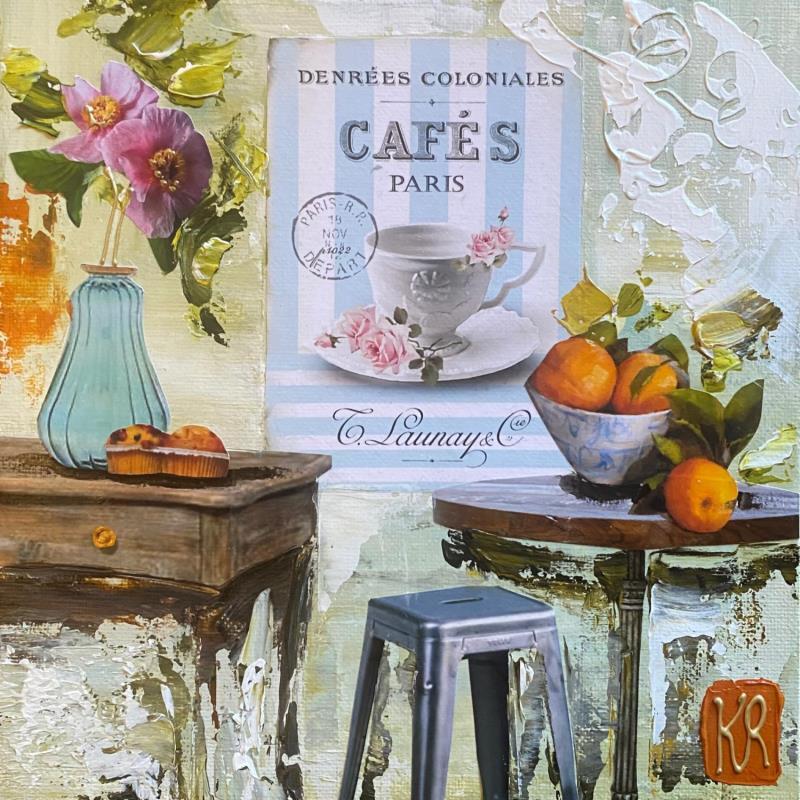 Peinture Cafés Launay  par Romanelli Karine | Tableau Figuratif Acrylique, Collage, Pastel, Posca Natures mortes, Scènes de vie