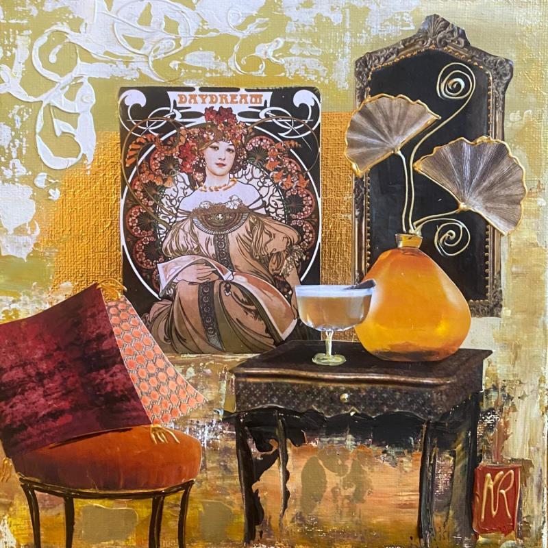 Gemälde Le boudoir  von Romanelli Karine | Gemälde Figurativ Acryl, Blattgold, Collage, Papier, Pastell, Posca Alltagsszenen, Pop-Ikonen