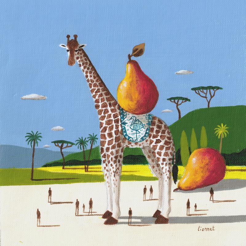 Gemälde Girafe à la poire von Lionnet Pascal | Gemälde Surrealismus Alltagsszenen Tiere Stillleben Acryl