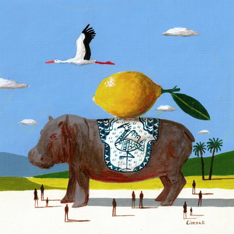 Peinture Hippopotame au citron par Lionnet Pascal | Tableau Surréalisme Acrylique Animaux, Paysages, Scènes de vie