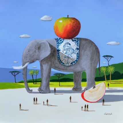 Peinture Éléphant à la pomme par Lionnet Pascal | Tableau Surréalisme Acrylique Animaux, Natures mortes, Scènes de vie
