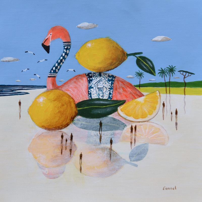 Painting Flamant rose aux citrons by Lionnet Pascal | Painting Surrealism Acrylic Animals, Life style, Marine