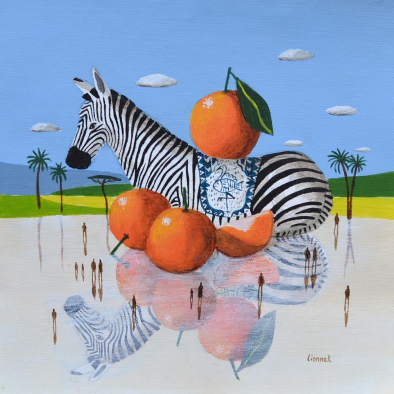 Painting zèbre aux oranges by Lionnet Pascal | Painting Surrealism Landscapes Life style Animals Acrylic