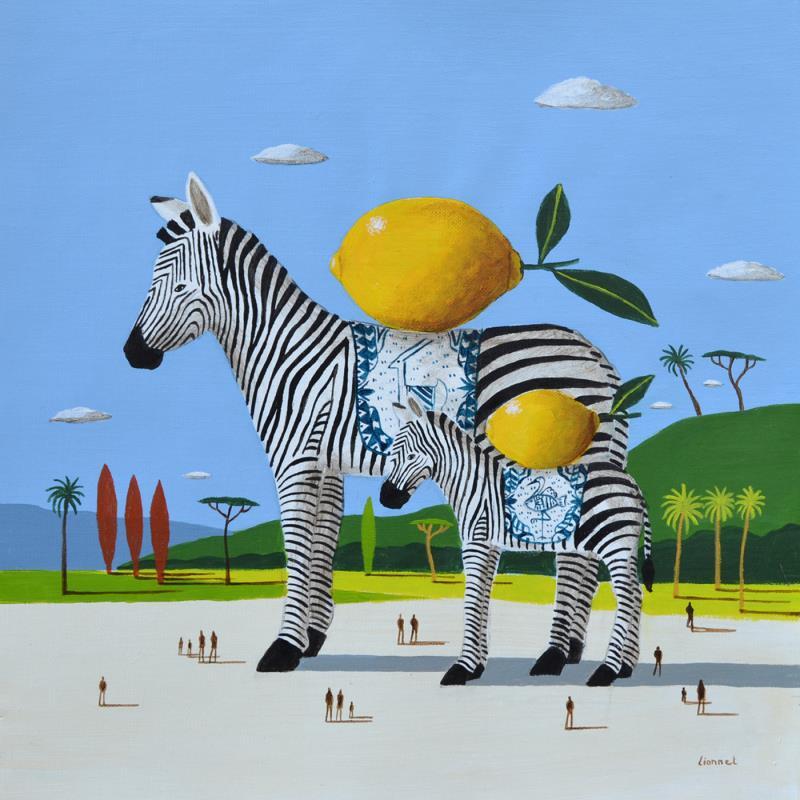 Gemälde  zèbres aux citrons von Lionnet Pascal | Gemälde Surrealismus Acryl Landschaften, Stillleben, Tiere