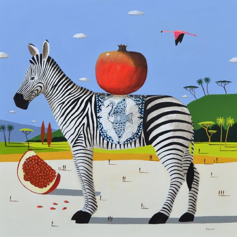 Painting zèbre aux grenades by Lionnet Pascal | Painting Surrealism Acrylic Animals, Life style, Still-life