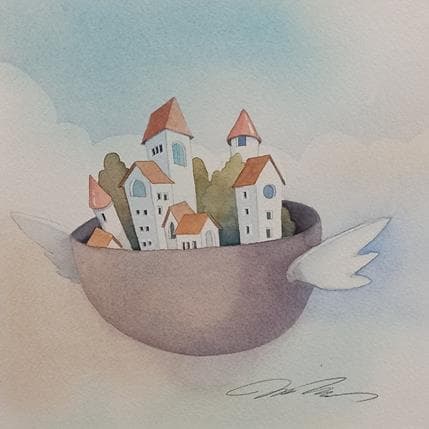 Painting Flying city with wings by Masukawa Masako | Painting Illustrative Watercolor Life style