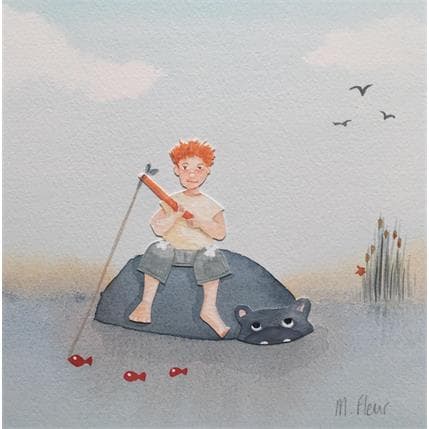 Peinture Anatole, pêcheur sur dos d'hippopo par Marjoline Fleur | Tableau Illustration Mixte scènes de vie