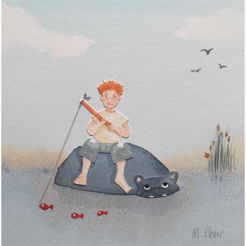 Painting Anatole, pêcheur sur dos d'hippopo by Fleur Marjoline  | Painting Naive art Watercolor Life style Animals