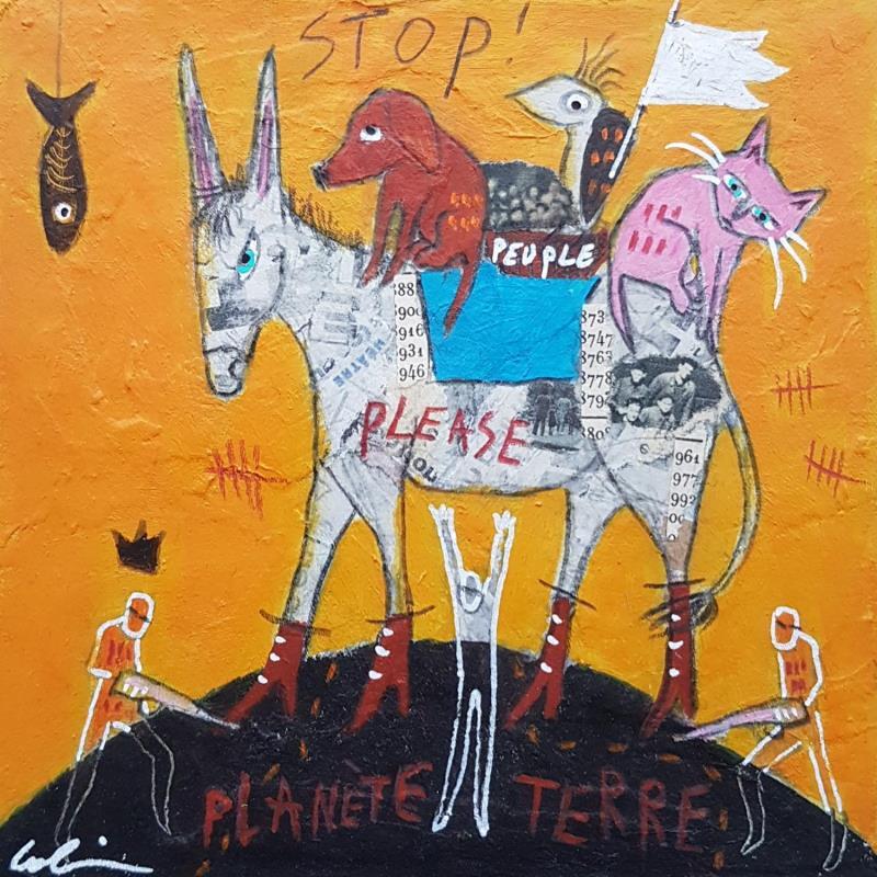 Gemälde Stop ! von Colin Sylvie | Gemälde Art brut Tiere Acryl Collage Pastell