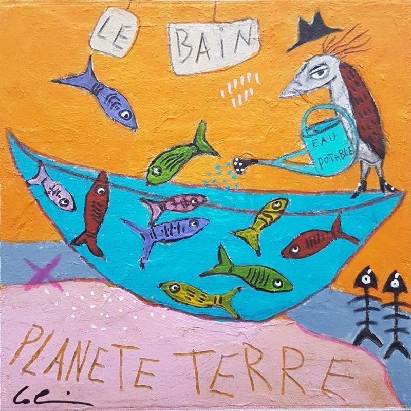Peinture Le bain. par Colin Sylvie | Tableau Art Singulier Animaux Acrylique Collage Pastel
