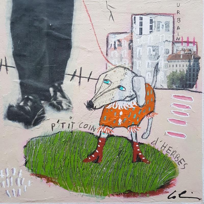 Peinture Le ptit coin d'herbe par Colin Sylvie | Tableau Art Singulier Animaux Acrylique Collage Pastel