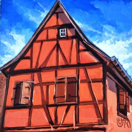 Painting Red house in blue sky by Rasa | Painting Figurative Acrylic Urban