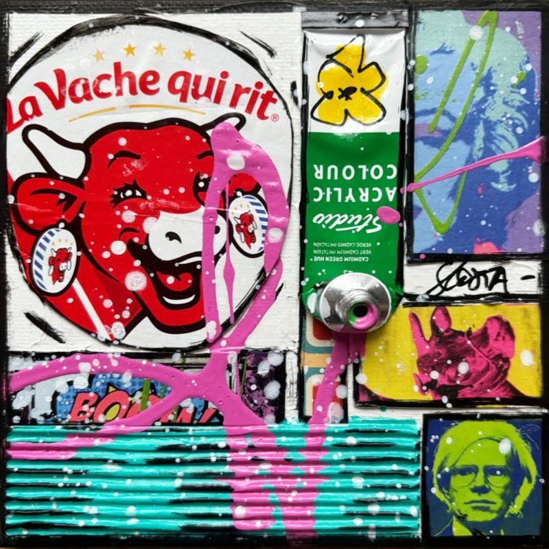 Painting La vache qui rit aime le pop art by Costa Sophie | Painting Pop-art Acrylic, Gluing, Upcycling Pop icons