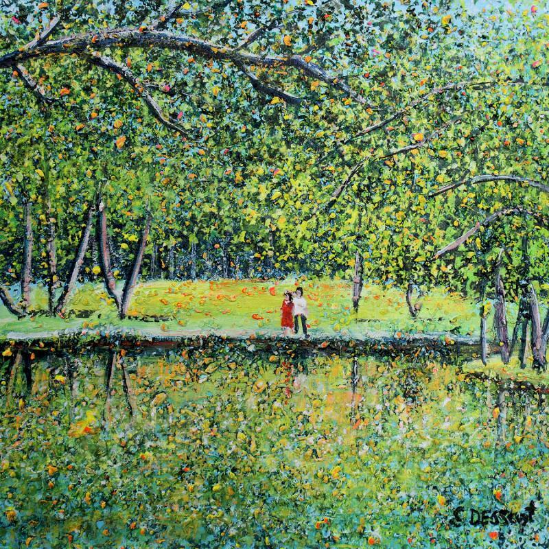Peinture La rivière aux reflets  par Dessapt Elika | Tableau Impressionnisme Acrylique Sable