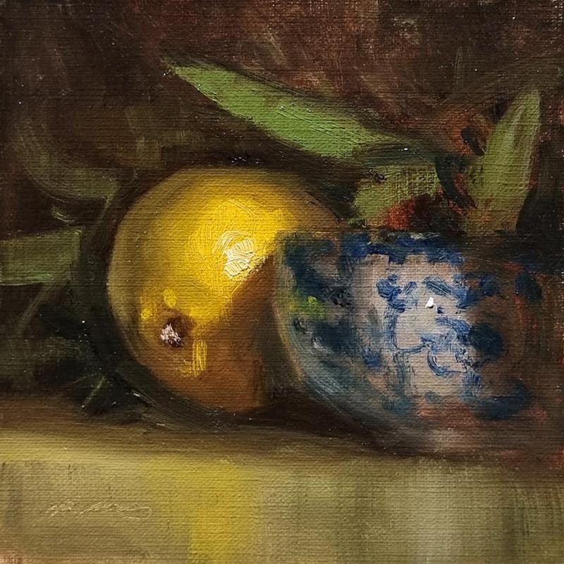 Peinture Citron et Vase par Giroud Pascal | Tableau Figuratif Huile Nature, Natures mortes