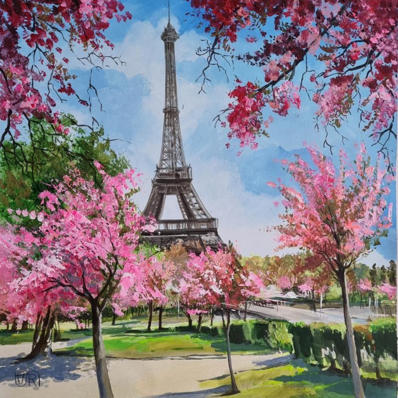 Painting Pink Paris spring by Rasa | Painting Figurative Urban Acrylic