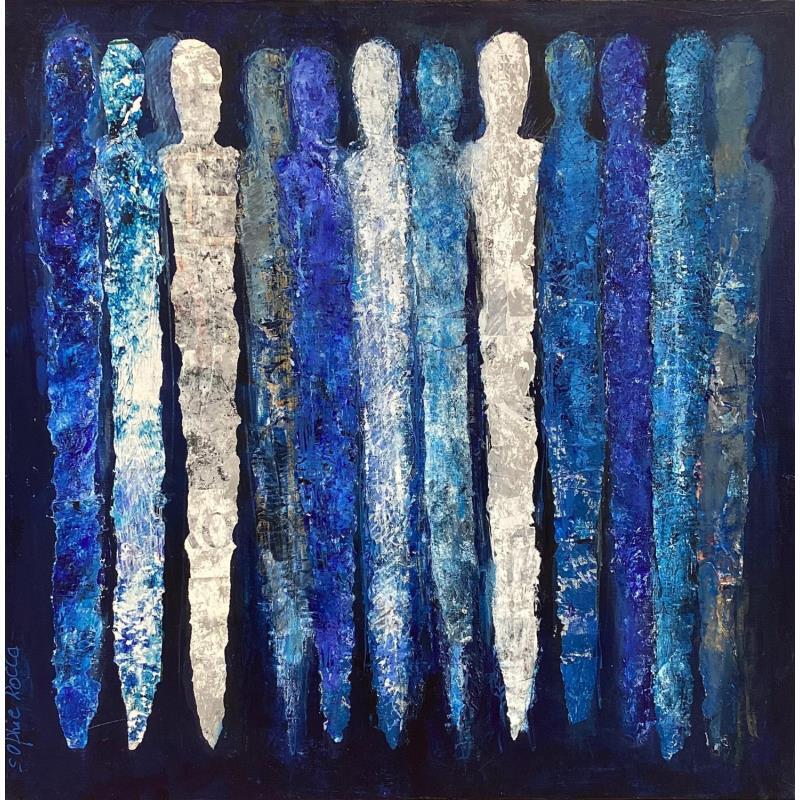Peinture Les fées bleues par Rocco Sophie | Tableau Art Singulier Acrylique Collage Sable